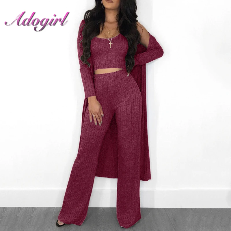 

3 Piece Set Autumn Winter Solid Knit Outfits Long Sleeve Cover Up Smock Coat+Broad leg Long pants+Tank Top Vest