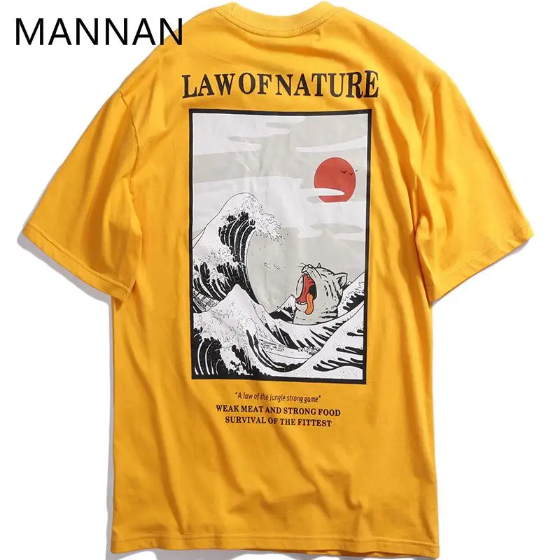MANNAN, Мужская футболка, Homme, Harajuku Modis, 3d, белая футболка, японская вышивка, забавный кот, футболка, хлопок, хип-хоп, Camise - Цвет: Yellow