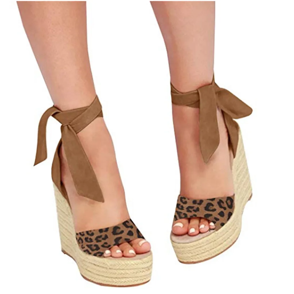 

YOUYEDIAN women sandals platform wedges shoes Leopard Open Toe Wedges Thick Bottom Lace-Up Beach Shoes Roman Sandals#N6