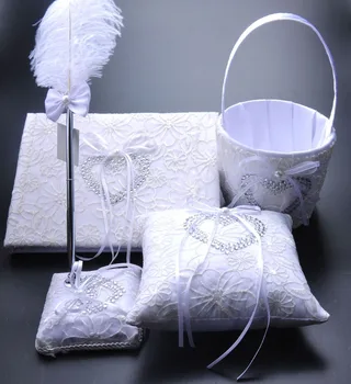 

4pcs/Full Set Wedding Guest Book and Pen Set Brand Ring Pillow Flower Basket for Wedding Decoration Party Decorations