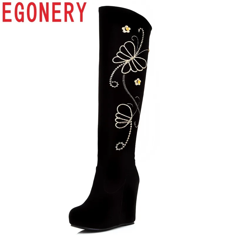 

EGONERY 2018 winter new fashion round toe flock women shoes super high wedges platfrom zip embroider black party knee high boots