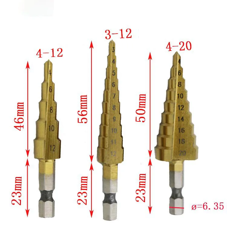 Hss Steel Titanium Step Drill Bits 3-12mm 4-12mm 4-20mm Step Cone Cutting Tools Steel Woodworking Wood Metal Drilling Set Hss Steel Titanium Step Drill Bits 3-12mm 4-12mm 4-20mm Step Cone Cutting Tools Steel Woodworking Wood Metal Drilling Set