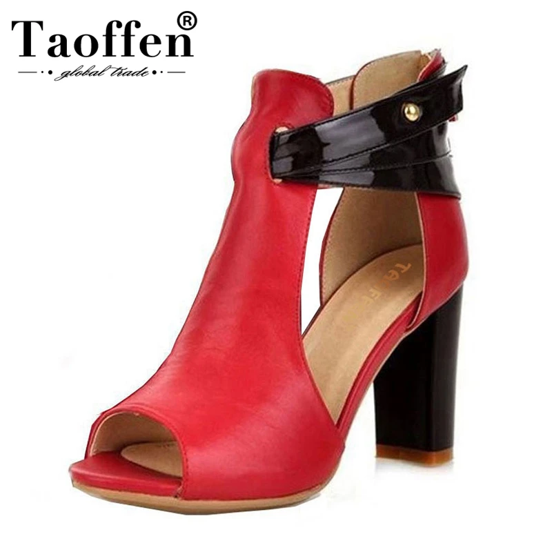 melhor Tamanho 32 43 TAOFFEN mulheres sandálias de salto alto peep toe sandália de salto quadrado de couro real sapatos de salto da marca zip tira sapatos t das mulheres