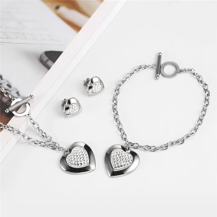 Steel color OUFEI, ювелирные изделия из нержавеющей стали, женские наборы, сердце, ожерелье, серьги, браслет, набор аксессуаров, Модные Ювелирные наборы, подарки для женщин - Окраска металла: Steel color