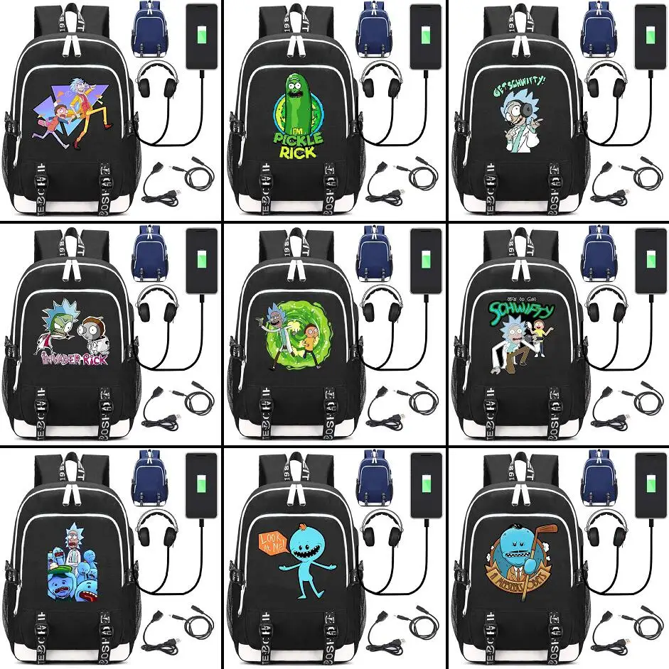 

Rick and Morty Pickle Rick Canvas Backpack USB Charging Port Rucksack Headphone interface knapsack Student Laptop bag school bag