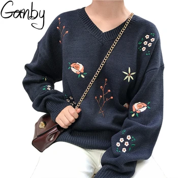 

2017 New Kpop Harajuku Autumn Winter Women Sweaters Small Fresh Flower Embroidery Pullover Jumper Female Vintage Knitted Sweater