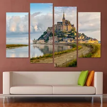New Modular Pictures 4 Piece Seaside Castle Landscape Canvas Print modular paintings Home Decor Wall Art Picture For Living Room