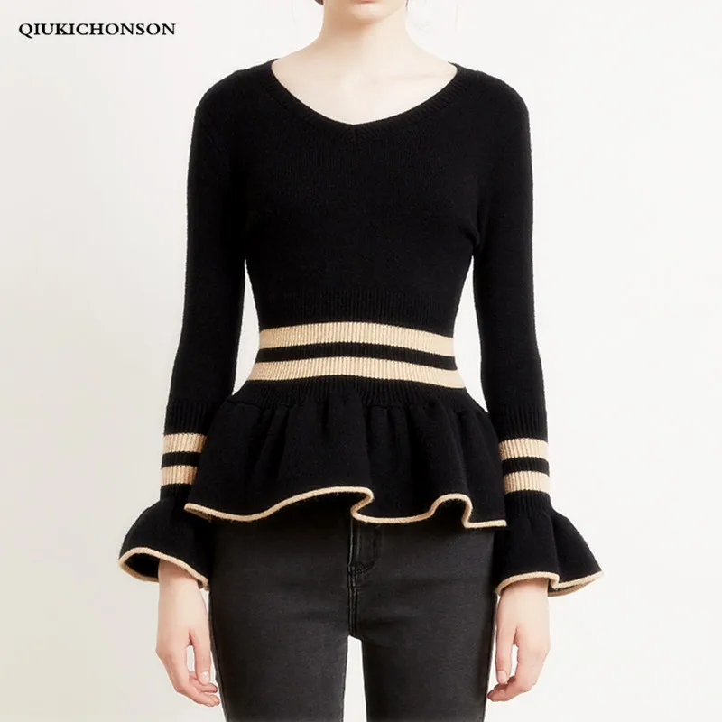 

Ruffles Womens Sweaters 2018 Spring Autumn Vintage V-Neck Peplum Tops Ladies Long Flare Sleeve Waisted Knitted Pullover Jumpers