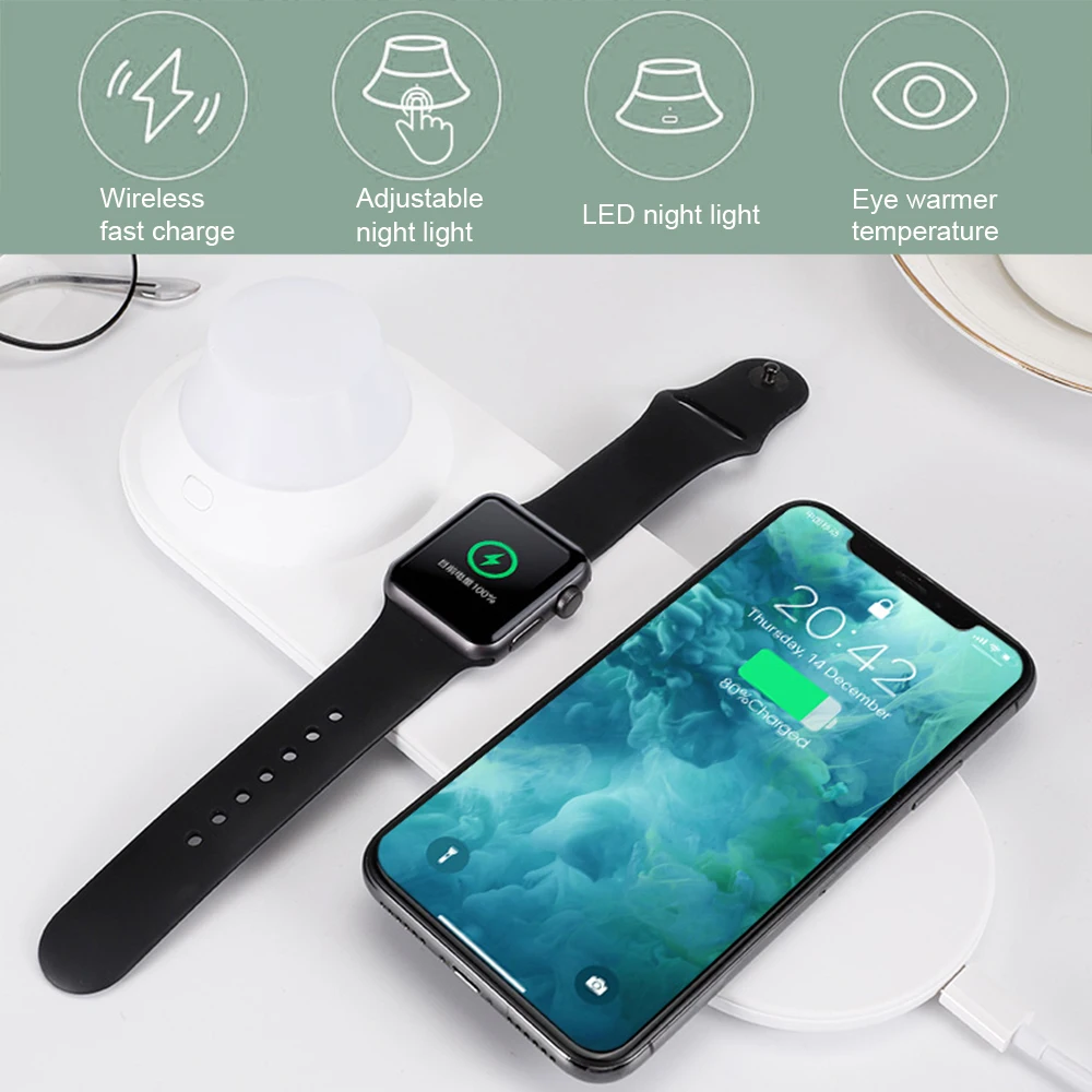 Беспроводной Зарядное устройство для iPhone х XR XS 8 Plus с ночника, умная Зарядка Док-станция для Apple Watch, версии 4/3/2 зарядного устройства
