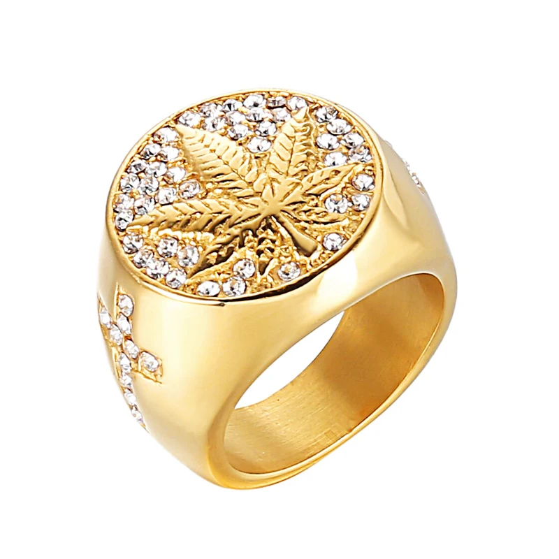 HIP Hop 316L Stainless Steel Iced Out Bling Gold Color Ring Micro Paved Rhinestone Weed Maple leaf Rings for Men Jewelry