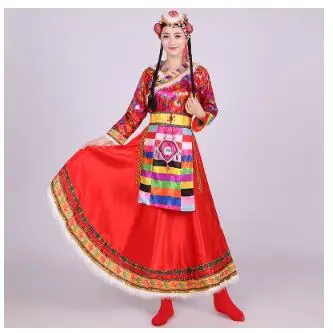 Роскошный Тибетский костюм с длинным рукавом, танцевальный костюм, этническая одежда, одежда для выступлений, женская одежда, квадратный танцевальный костюм s - Цвет: Красный