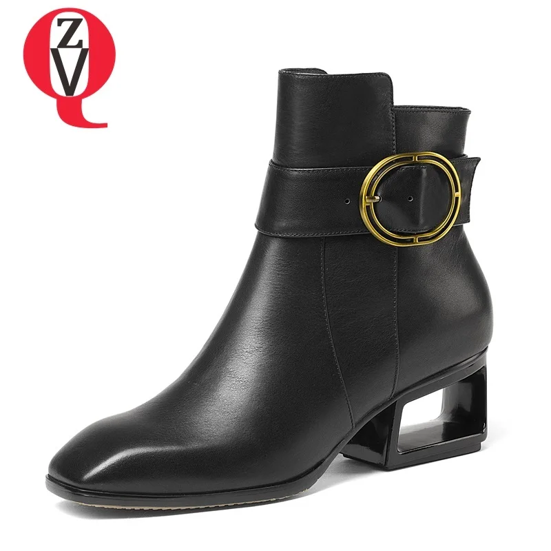 

ZVQ newest genuine leather square toe metal decoration high quality women winter boots high heels black and grey ankle boots
