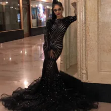 Блестящие черные платья русалки с длинными рукавами для выпускного вечера для черных девушек, сексуальные платья с оборками, вечерние платья в африканском стиле