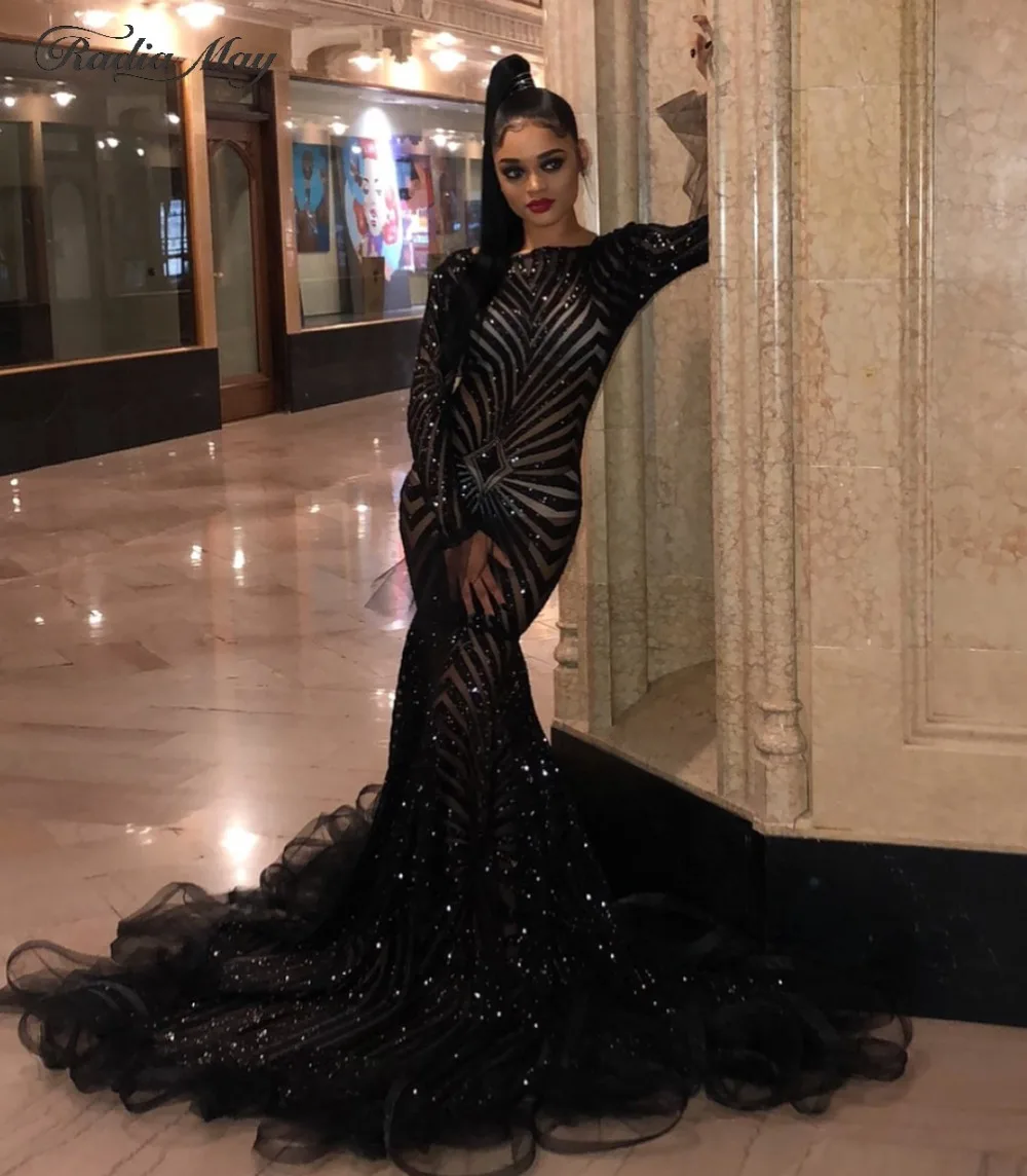 

2019 Sparkly Black Sequined Mermaid Long Sleeves Prom Dresses for Black Girls Sexy Illusion Ruffles Train African Formal Gowns