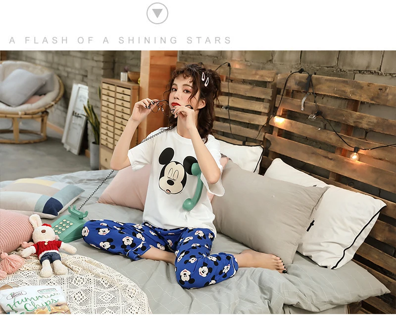 Caiyier/ г. Летние хлопковые Пижамные комплекты с короткими рукавами милая одежда для сна с принтом Мики и медведя для девочек ночная рубашка с мультяшным принтом, домашняя одежда