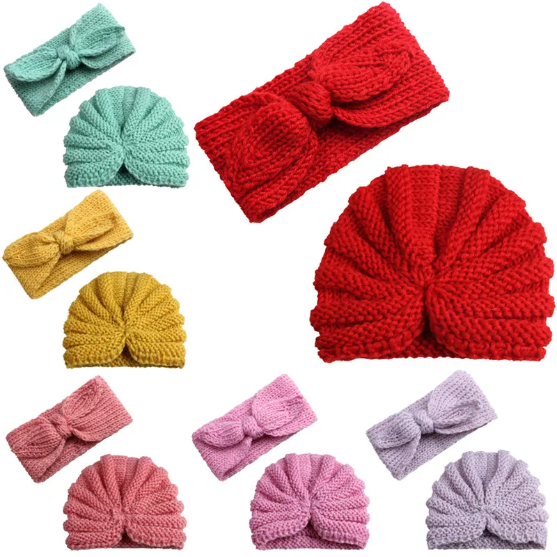 Knitted Toddler Infants Baby Hat For Girls Boys Winter Warm Baby Accessories Set Beanie Caps+Headband Baby Thick Cap 2 pcs Suits