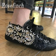 Новинка, женские черные кроссовки со стразами и стразами, ручная работа, парусиновая обувь, модная повседневная прогулочная обувь, WK125