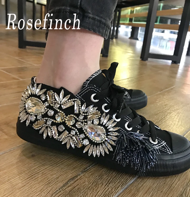 

2019 New Rhinestone Crystal Sneakers Women Black Hand-Stitched Gemstone Canvas Shoes Fashion Casual Walking Shoes WK125