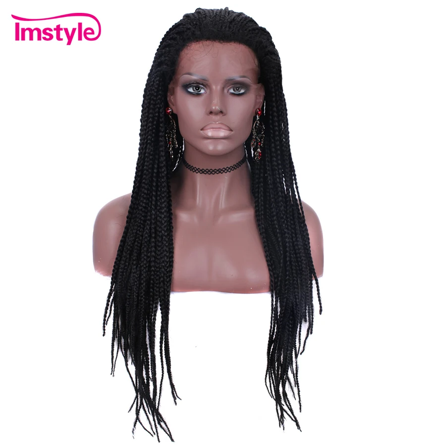 Imstyle плетеные парики синтетический парик с кружевом спереди черный парик для женщин африканские парики из косичек с волосами младенца# 1B бесклеевая 24 дюйма