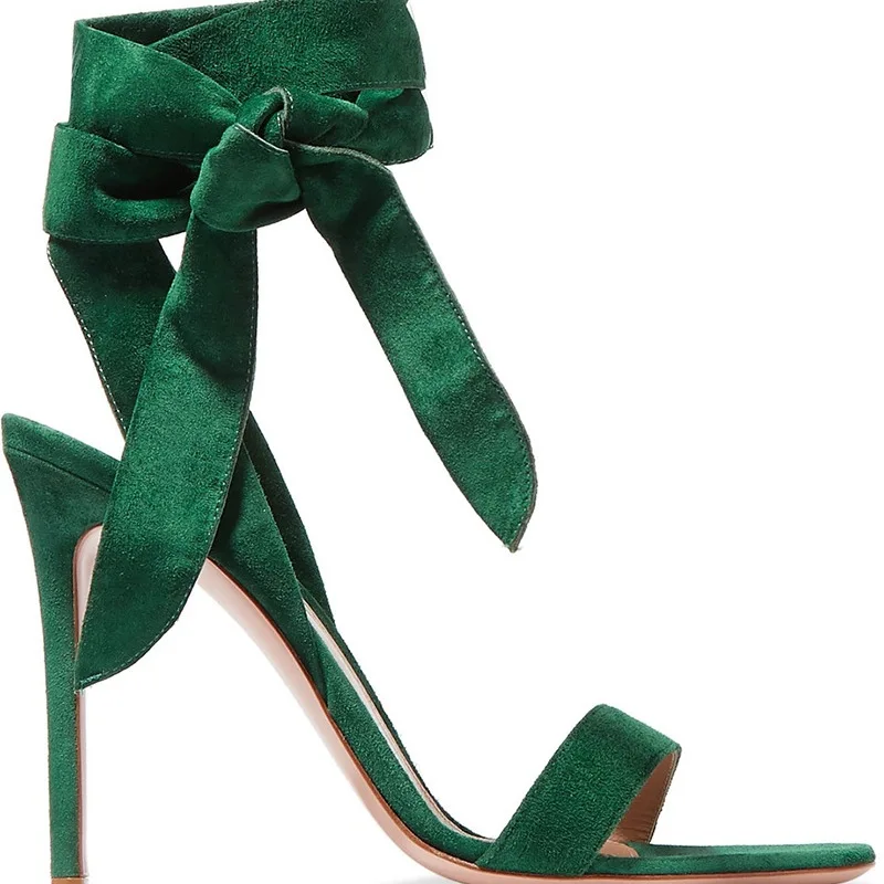 

ACILICI1904023 New Personality Green Knot Bow Tie Color Button-cloth A Horizontal Band Fine High Heel Band Sandals Womens Shoes