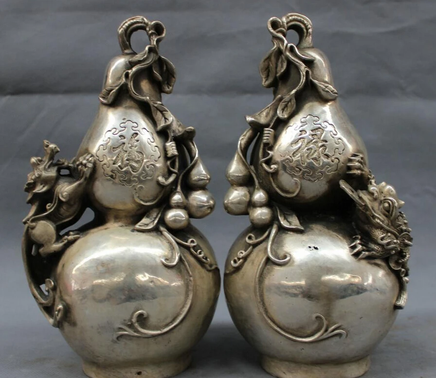 

Collectible bronze S1364 10" Marked Chinese Silver FengShui Unicorn Hoptoad Statue Fu Lu Shou Gourd Pair (B0413)