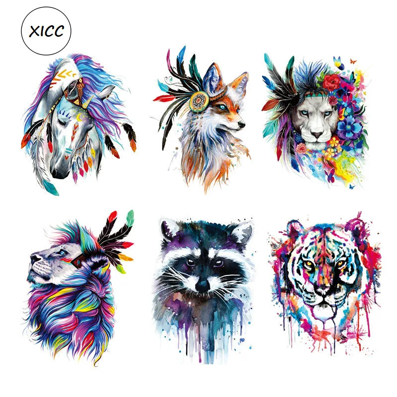

XICC Colorful Animal Ink and Wash Painting Heat Transfer Printing Iron On Patches For Cloth Dress T-shirt DIY Badge Sticker