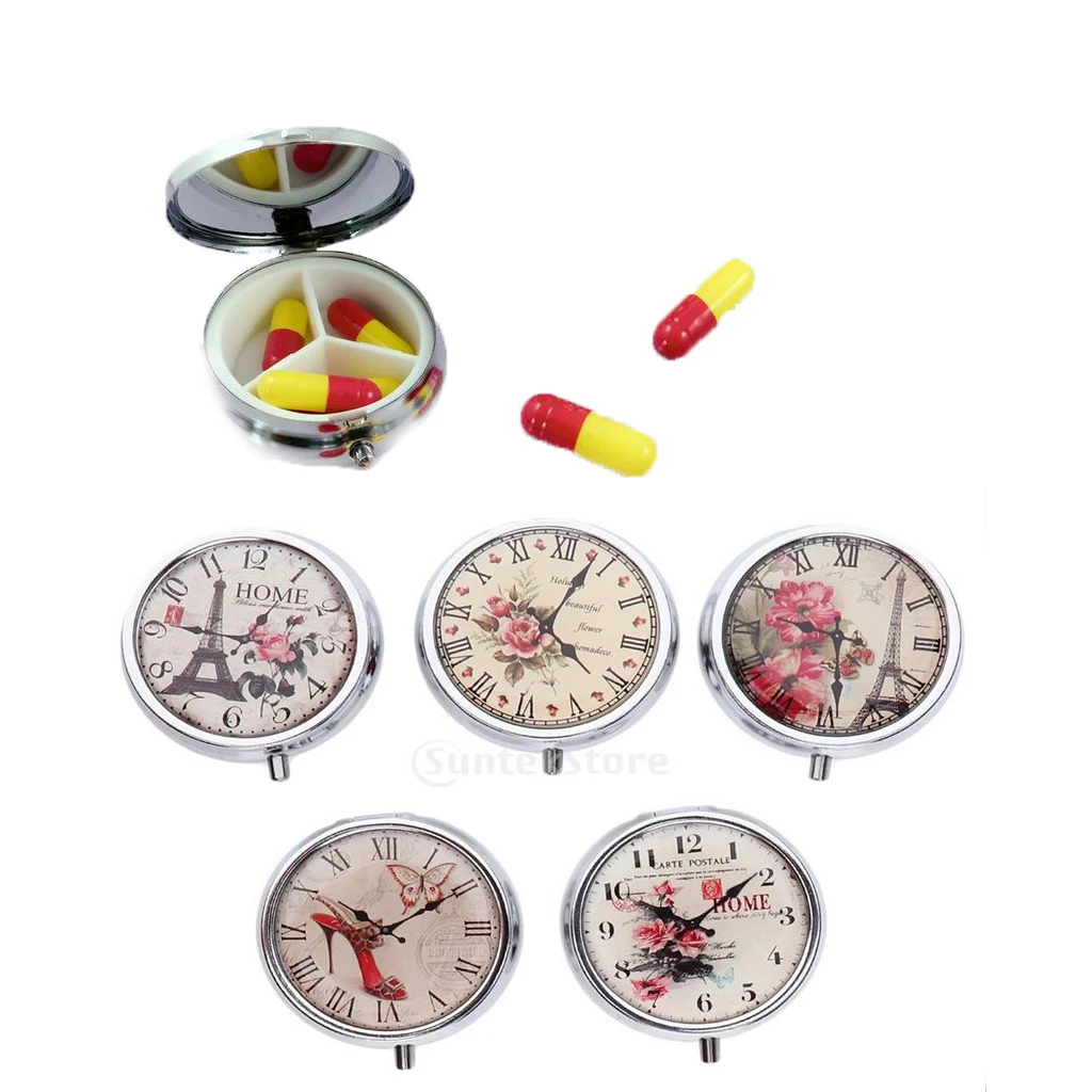 Home Travel Box Round 3 Grids Candy Pills Box Portable Tin Pots Cosmetic Jars Case Container with Mirror