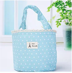 Милая волнистая хлопковая Холщовая Сумка для обеда, сумка для льда, милая изолированная сумка, сумка для обеда, переносная сумка на шнурке с карманом - Цвет: Blue