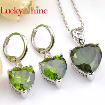 通販 Luckyshine眩しい恋人ハート火災ペリドットクリスタルキュービックジルコニア925シルバーペンダントネックレスドロップイヤリングジュエリーセット