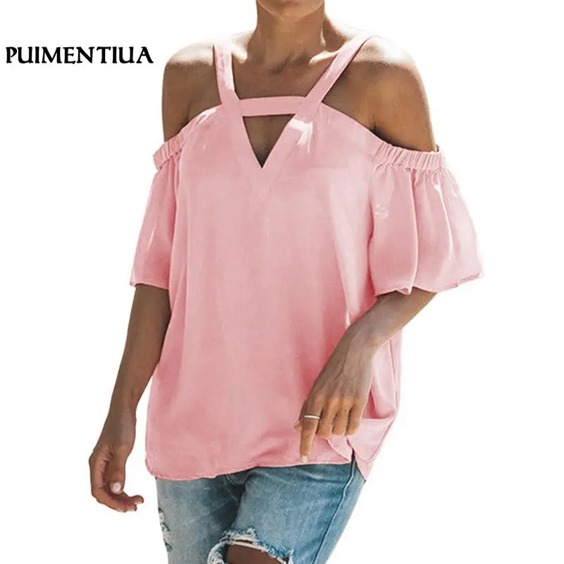 

Puimentiua 2018 Women Summer Off Shoulder Elastic Short Sleeve Sexy Blouses Casual V-Neck Sexy Shirts Tops Laides Elegant Blouse
