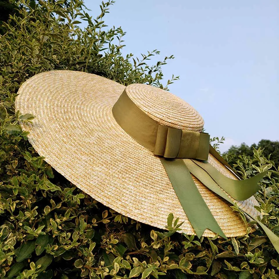 Natural Wheat Straw Hat Ribbon Tie 15CM/18CM Brim Boater Hat Elegant Beach Sun Hat Cap Lady Summer Wide Brim UV Protect Hats