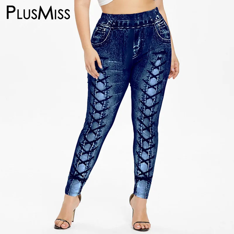 PlusMiss плюс Размеры 5XL 3D джинсы печатных Леггинсы женские большие размеры Фитнес Джеггинсы на шнуровке обтягивающие леггинсы Legins XXXXL XXXL