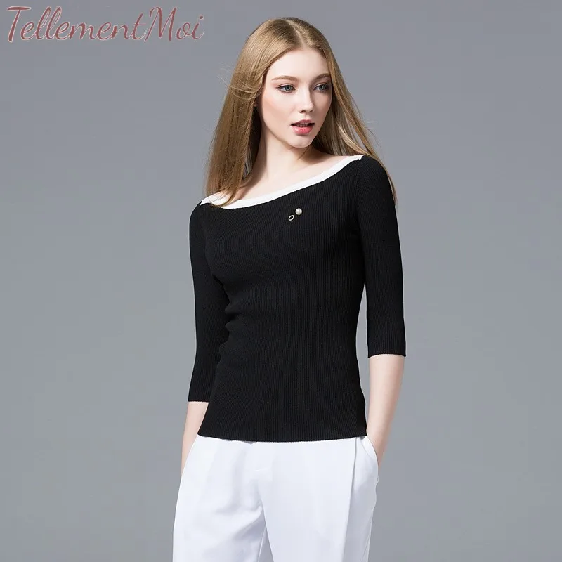 New Fashion Spring Autumn Women's Bottoming Knitted Shirts Seven Sleeves Slim Thin Sweater Female Elegant Basic Pullovers Tops