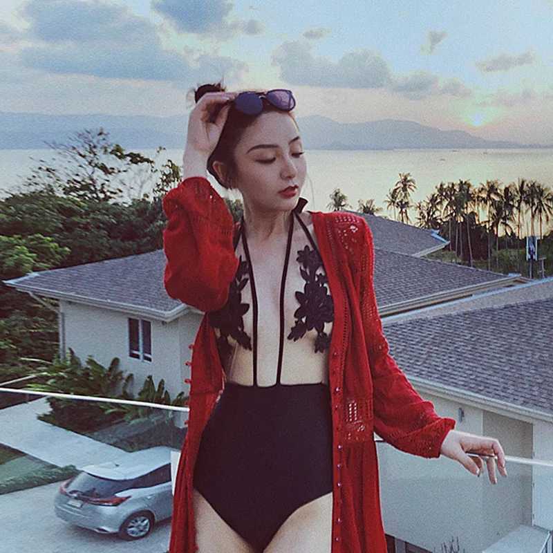 

Swimsuit For Women One Piece Swimsuits Full Sexy Swim Suits Transparent 2019 New Woman Fairy Rose Embroidery High Waist Print