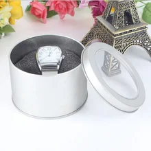 Цена, высокое качество, модный, серебряный, металлический ящик для часов с губчатым желобком, Круглая коробочка для часов, подарочная упаковка, коробки для часов