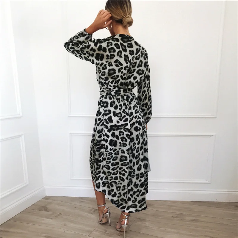 Leopard Dress 2019 Women Chiffon Long Beach Dress Loose Long Sleeve Deep V-neck A-line Sexy Party Dress Vestidos de fiesta off shoulder dress