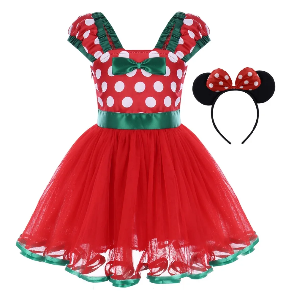 Милое Платье с Минни Маус комплект одежды из 2 предметов для маленьких девочек, костюм в горошек для дня рождения, повязка на голову с ушками мышки фатиновое платье для девочек