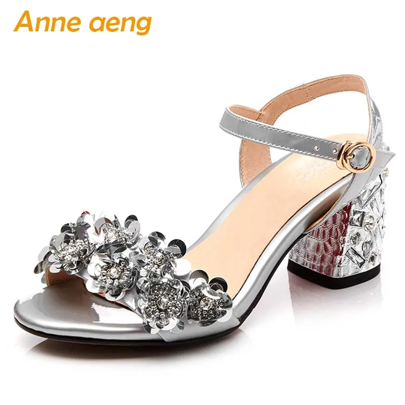 

2019 New Summer Genuine Leather Women Ankle Strap Sandals High Square Heel Buckle Crystal Sexy Ladies Women Shoes Silver Sandals