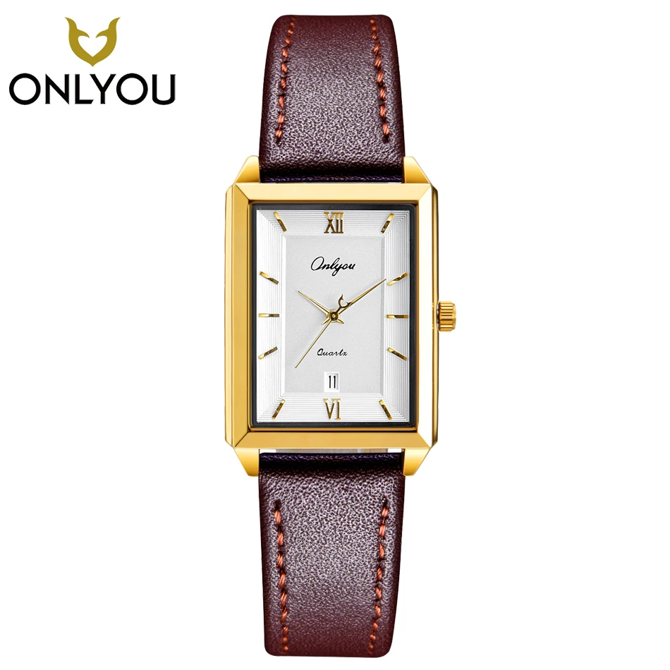 ONLYOU Fashion Women Watches Square Gold Leather Quartz Watch Ladies