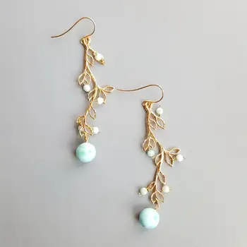 

LiiJi Natural Larimar Leaves Shape Drop Long Earrings 925 Sterling Silver Hook Earrings For Women