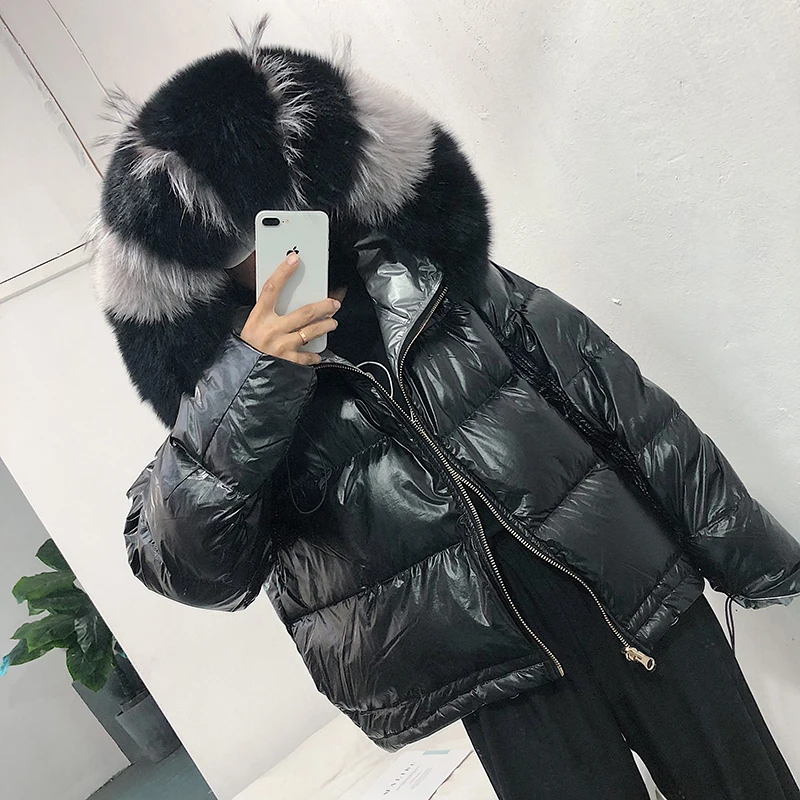

2019 Winter Jacket Women Real Fur Collar Silver Golden Duck Down Coat Double Sided Hooded Parkas Waterproof Zipper Outerwear