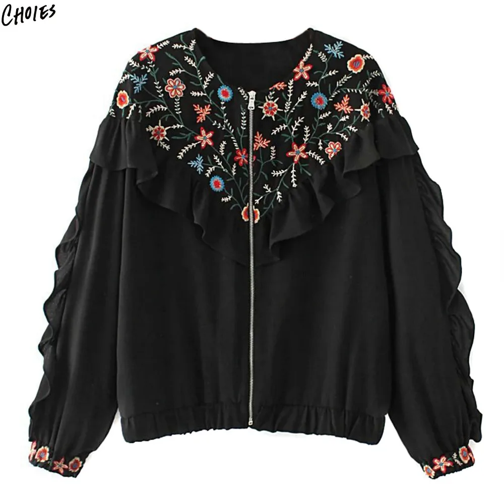Black Ruffle Trim Floral Embroidered Bomber Jacket Women O Neck Zipper