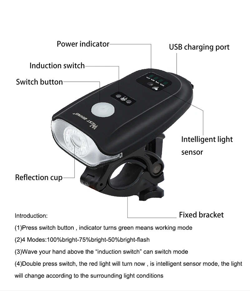 WEST BIKING 350 люмен Intelligent сенсор свет для Велосипедный спорт Фара Велоспорт USB Перезаряжаемые Водонепроницаемый велосипед фар