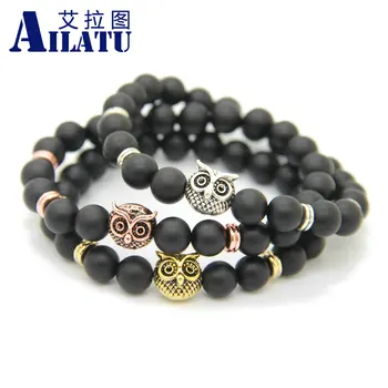 

Ailatu Brand Men Jewelry Wholesale 10pcs New Design 8mm Natural Matte Onyx Stone Alloy Owl Bracelet