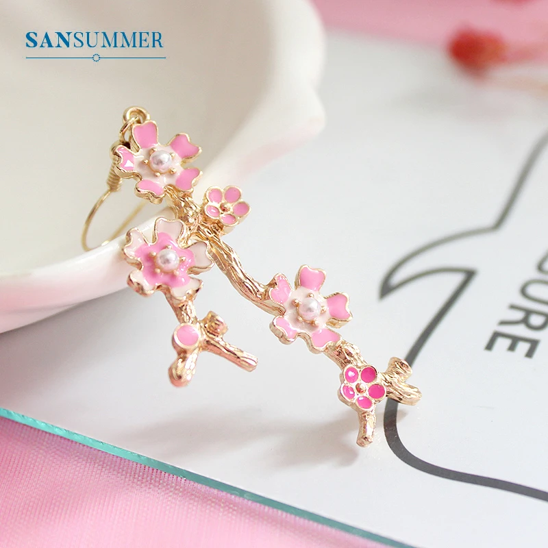 SANSUMMER Sakura, Женские Висячие серьги,, дизайн, длинные серьги, асимметричная индивидуальность, для девушек, цветок, висячие серьги, 6667