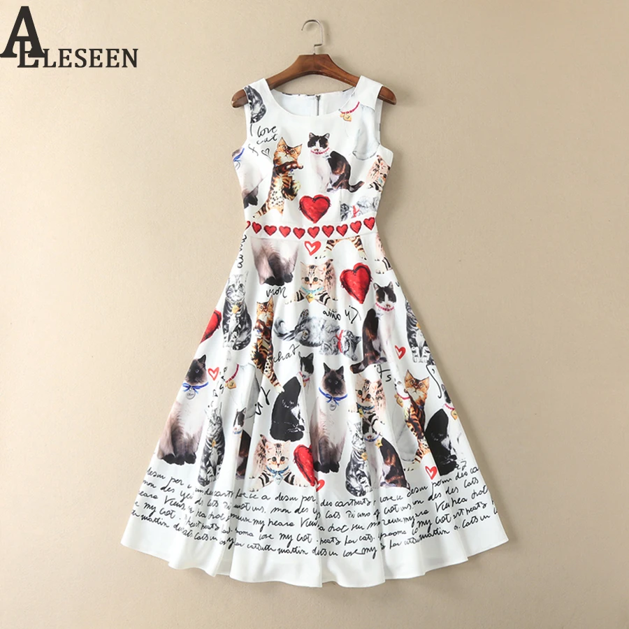 

Chiffon Fashion Dresses 2018 Summer Sweety Women Elegant Cats Heart Print Sleeveless Mid -Calf Ladies Brief Long Slim Dress