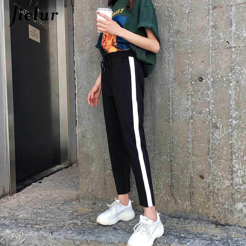 Jielur/Харадзюку женские штаны шаровары в полоску сбоку тонкие Moda Mujer 2018