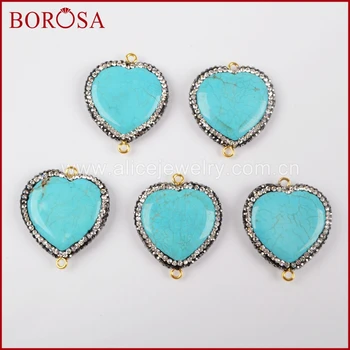 

BOROSA Heart Blue Howlite Stone Druzy Connector for DIY Jewelry Making, Wholesale Pave CZ Drusy Stone Connector Pendant JAB761