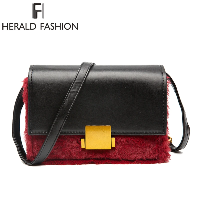 

Herald Fashion Leather Flap Bag With Fur High Quality Panelled Women Handbag Small Laptop Messenger Shoulder Bag Bolsa Feminina