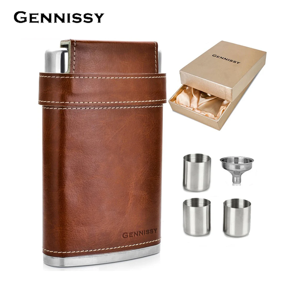 

GENNISSY Pocket Hip Flask 8 Oz with Free Funnel Stainless Steel with Leather Wrapped Cover and 100% Leak Proof Flasks